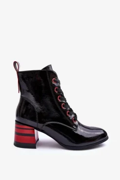 Damskie buty S.Barski Botki Sznurowane|Botki Na Słupku*Lakierowane Botki Na Obcasie S.Barski MR870-49 Czarne