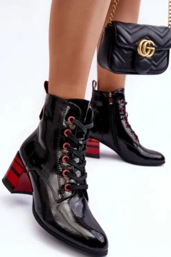 Damskie buty S.Barski Botki Sznurowane|Botki Na Słupku*Lakierowane Botki Na Obcasie S.Barski MR870-49 Czarne