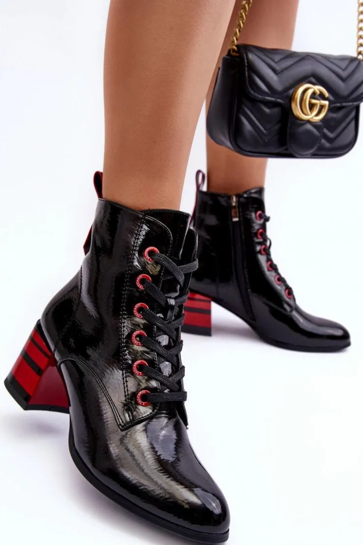 Damskie buty S.Barski Botki Sznurowane|Botki Na Słupku*Lakierowane Botki Na Obcasie S.Barski MR870-49 Czarne