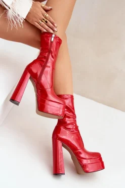 Damskie Boto Lakierowane Botki Na Platformie I Wysokim Słupku Czerwone Lotisha