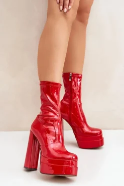 Damskie Boto Lakierowane Botki Na Platformie I Wysokim Słupku Czerwone Lotisha