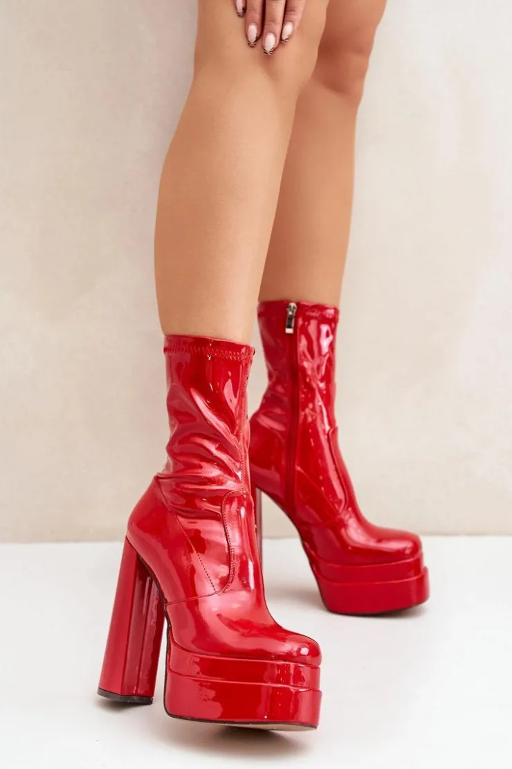 Damskie Boto Lakierowane Botki Na Platformie I Wysokim Słupku Czerwone Lotisha