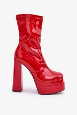Damskie Boto Lakierowane Botki Na Platformie I Wysokim Słupku Czerwone Lotisha