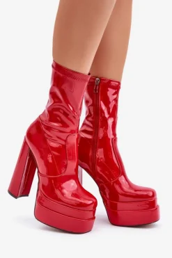 Damskie Boto Lakierowane Botki Na Platformie I Wysokim Słupku Czerwone Lotisha