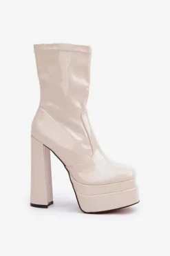 Sale Boto Lakierowane Botki Na Platformie I Wysokim Słupku Beżowe Lotisha Beżowy