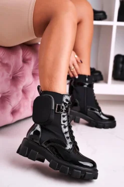 Damskie Boto Lakierowane Botki Na Platformie Z Nerką Czarne Army