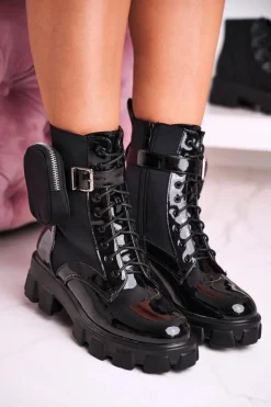 Damskie Boto Lakierowane Botki Na Platformie Z Nerką Czarne Army