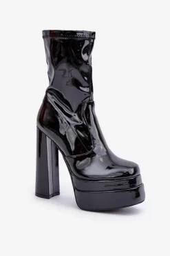 Boto Botki Ocieplane|Botki Na Słupku*Lakierowane Botki Na Platformie I Wysokim Słupku Czarne Lotisha Czarny