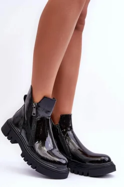 Damskie Boto Lakierowane Botki Na Platformie I Płaskim Obcasie Czarne Seah