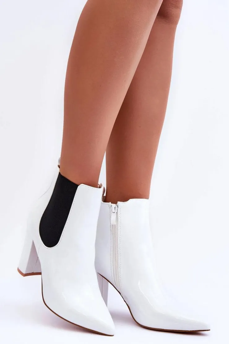 Boto Botki Na Słupku|Botki Zimowe Damskie*Lakierowane Botki Na Słupku Białe Evita