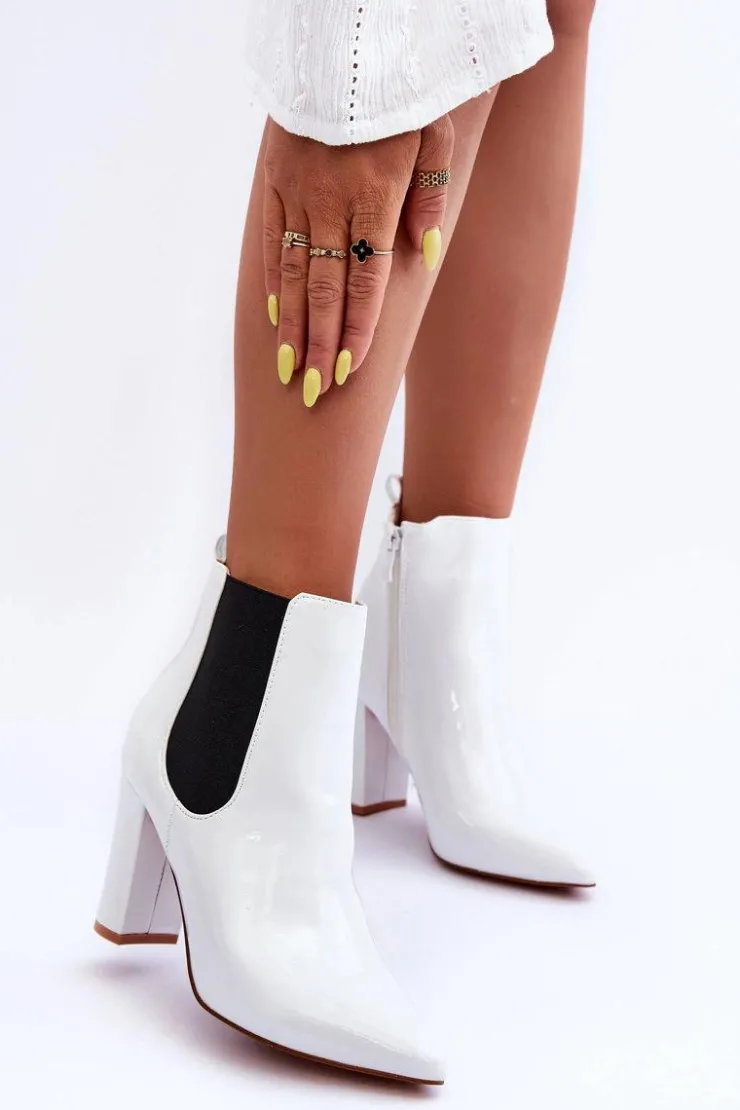 Boto Botki Na Słupku|Botki Zimowe Damskie*Lakierowane Botki Na Słupku Białe Evita