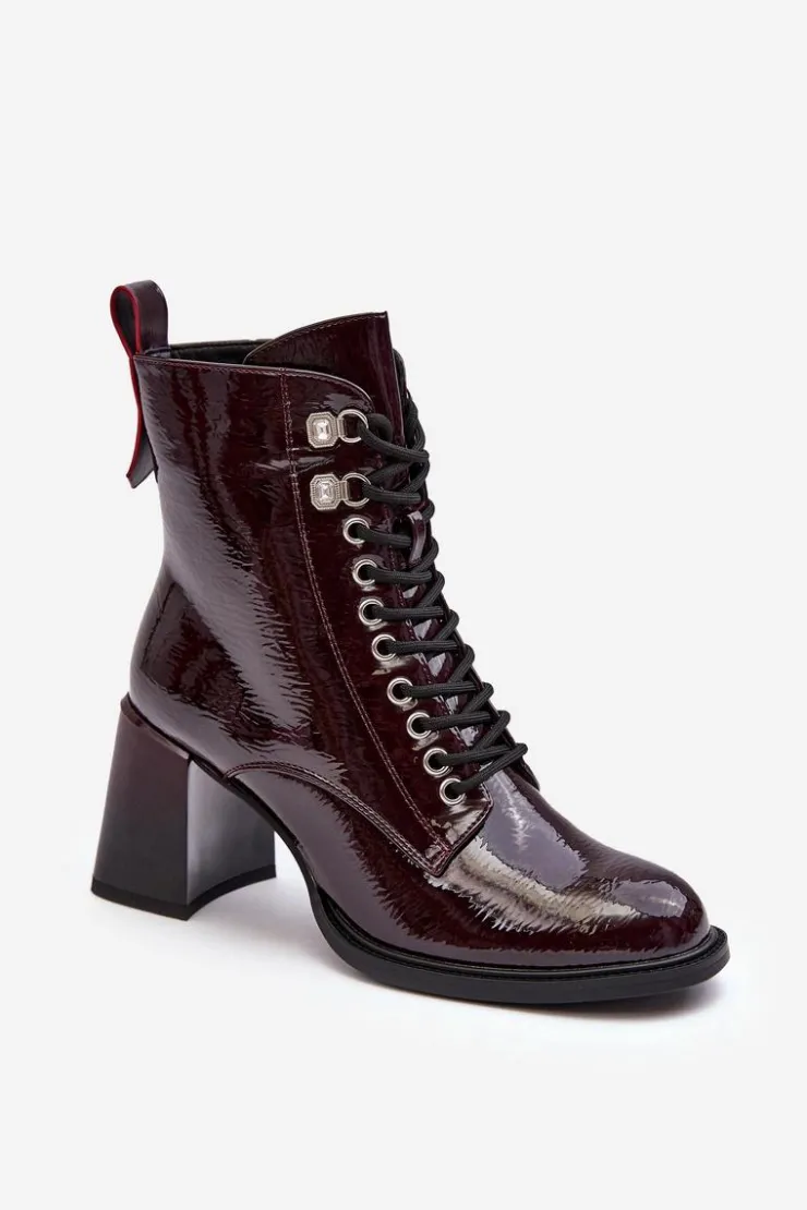 New Damskie buty S.Barski Lakierowane Botki Na Słupku Sznurowane Bordowe S.Barski MR870-06