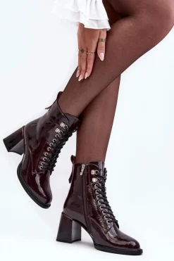 New Damskie buty S.Barski Lakierowane Botki Na Słupku Sznurowane Bordowe S.Barski MR870-06