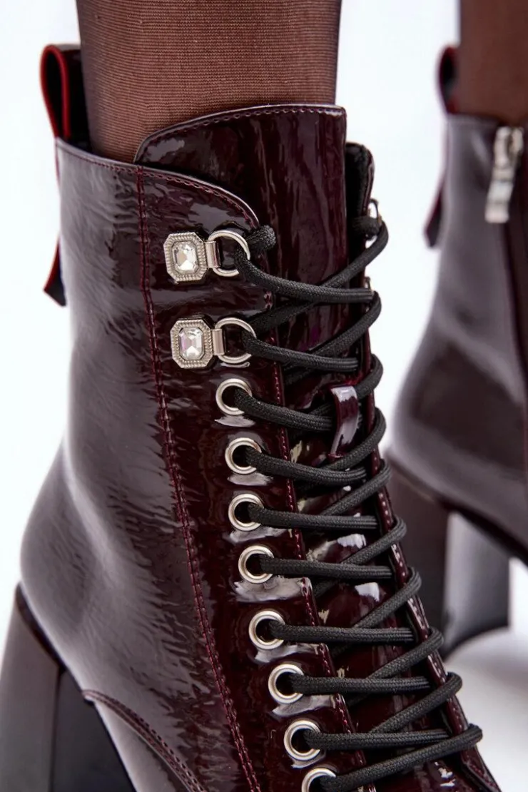 New Damskie buty S.Barski Lakierowane Botki Na Słupku Sznurowane Bordowe S.Barski MR870-06