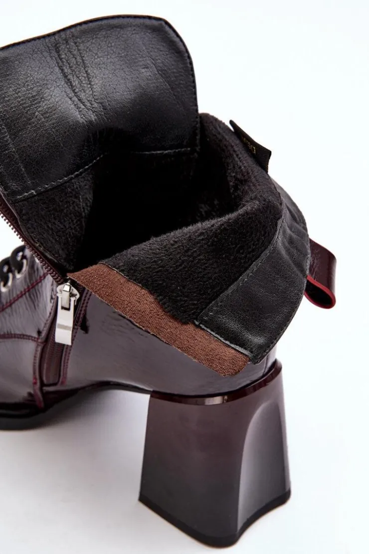New Damskie buty S.Barski Lakierowane Botki Na Słupku Sznurowane Bordowe S.Barski MR870-06