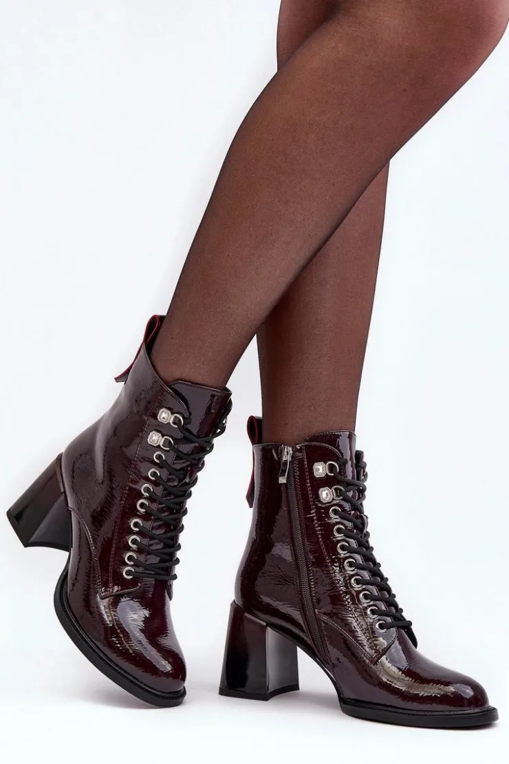 New Damskie buty S.Barski Lakierowane Botki Na Słupku Sznurowane Bordowe S.Barski MR870-06