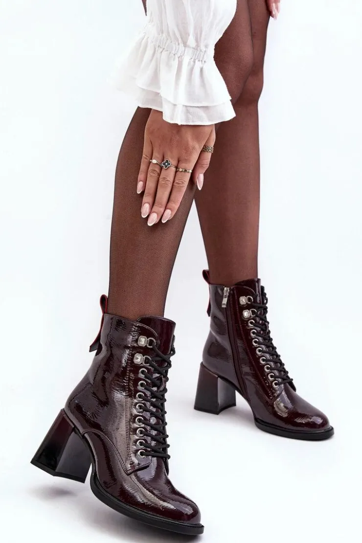 New Damskie buty S.Barski Lakierowane Botki Na Słupku Sznurowane Bordowe S.Barski MR870-06