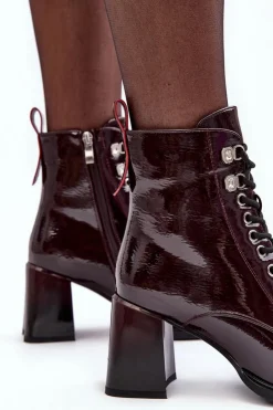 New Damskie buty S.Barski Lakierowane Botki Na Słupku Sznurowane Bordowe S.Barski MR870-06