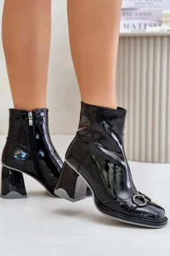 Damskie Damskie buty S.Barski Lakierowane Botki Na Słupku Ocieplane Z Ozdobą D&A MR880-021 Czarne