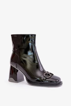 Damskie Damskie buty S.Barski Lakierowane Botki Na Słupku Ocieplane Z Ozdobą D&A MR880-021 Czarne