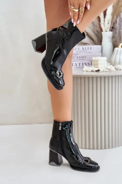 Damskie Damskie buty S.Barski Lakierowane Botki Na Słupku Ocieplane Z Ozdobą D&A MR880-021 Czarne