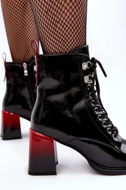 New Damskie buty S.Barski Lakierowane Botki Na Słupku Sznurowane D&A MR870-06 Czarne