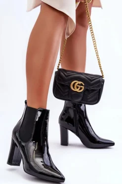 Damskie Boto Lakierowane Botki Na Słupku Czarne Evita