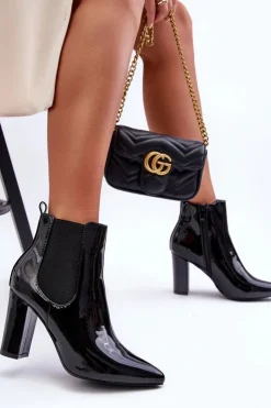 Damskie Boto Lakierowane Botki Na Słupku Czarne Evita