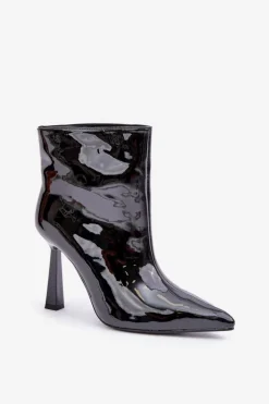 Damskie Boto Lakierowane Botki Na Szpice Wsuwane Czarne Seliri