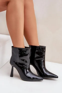 Damskie Boto Lakierowane Botki Na Szpice Wsuwane Czarne Seliri