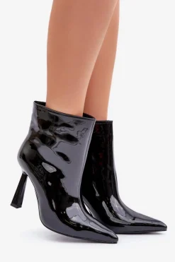 Damskie Boto Lakierowane Botki Na Szpice Wsuwane Czarne Seliri