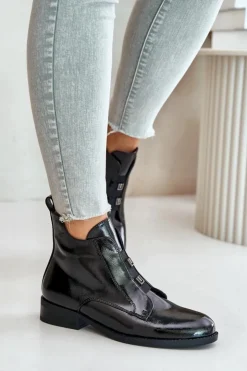 Damskie buty S.Barski Botki Ocieplane|Czarne Botki*Lakierowane Botki Na Zamek Ocieplane Płaski Obcas S.Barski HY42-717 Czarne