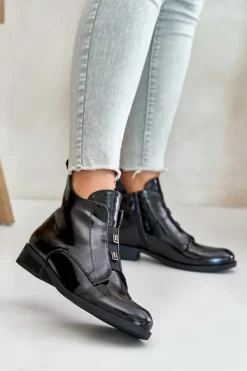 Damskie buty S.Barski Botki Ocieplane|Czarne Botki*Lakierowane Botki Na Zamek Ocieplane Płaski Obcas S.Barski HY42-717 Czarne