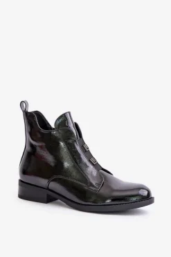 Damskie buty S.Barski Botki Ocieplane|Czarne Botki*Lakierowane Botki Na Zamek Ocieplane Płaski Obcas S.Barski HY42-717 Czarne