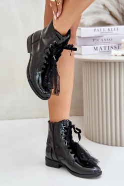 Best Damskie buty S.Barski Lakierowane Botki Ocieplane Na Zamek S.Barski HY42-991 Czarne