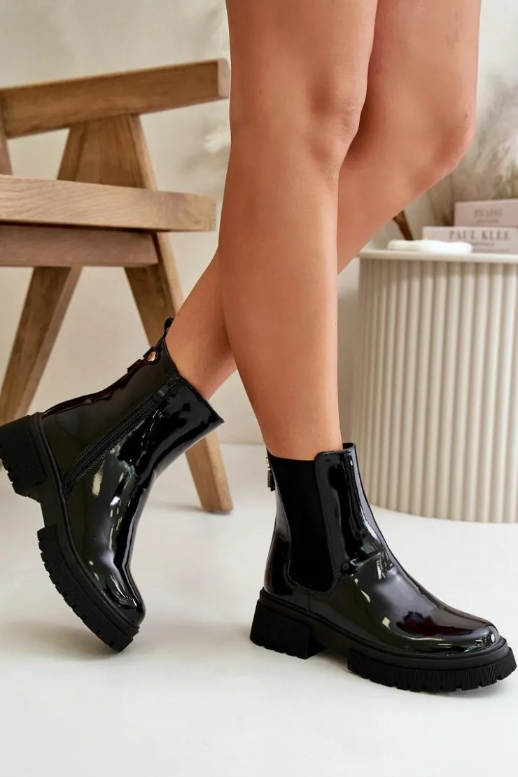 New Boto Lakierowane Botki Sztyblety Na Zamek Ocieplane Czarne Groesta