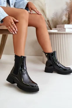 New Boto Lakierowane Botki Sztyblety Na Zamek Ocieplane Czarne Groesta