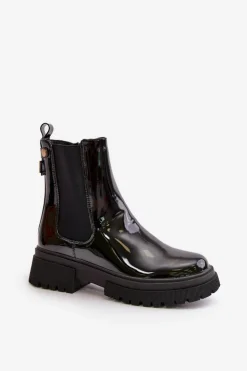 New Boto Lakierowane Botki Sztyblety Na Zamek Ocieplane Czarne Groesta