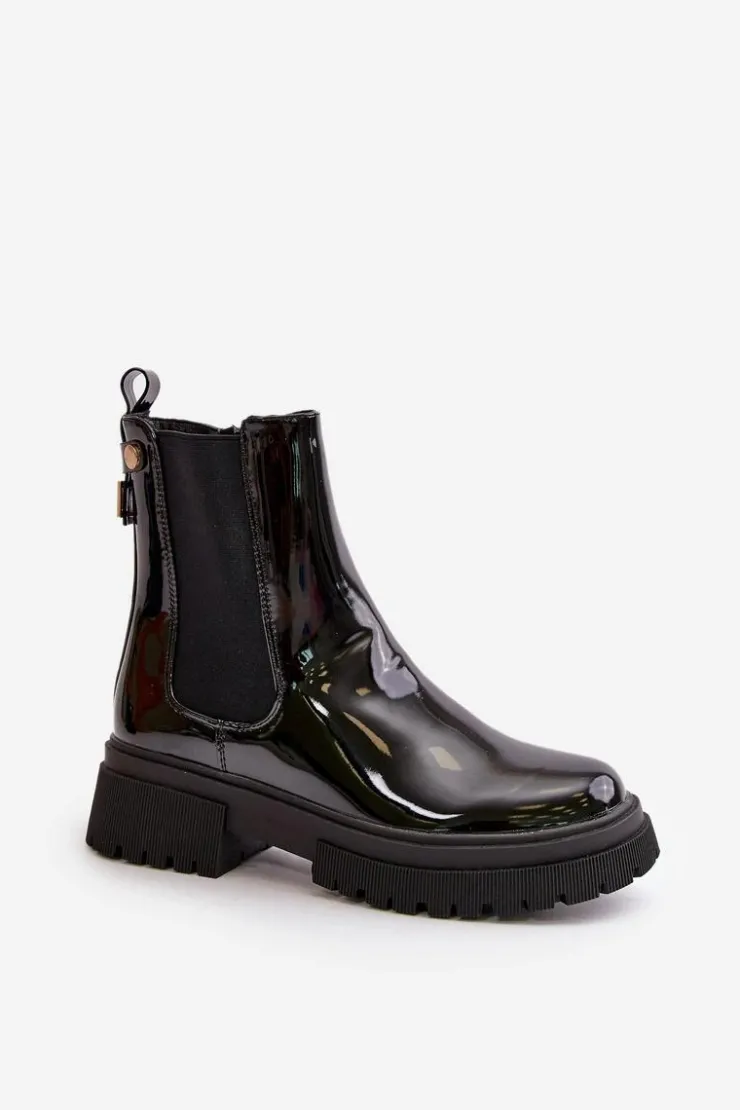 New Boto Lakierowane Botki Sztyblety Na Zamek Ocieplane Czarne Groesta