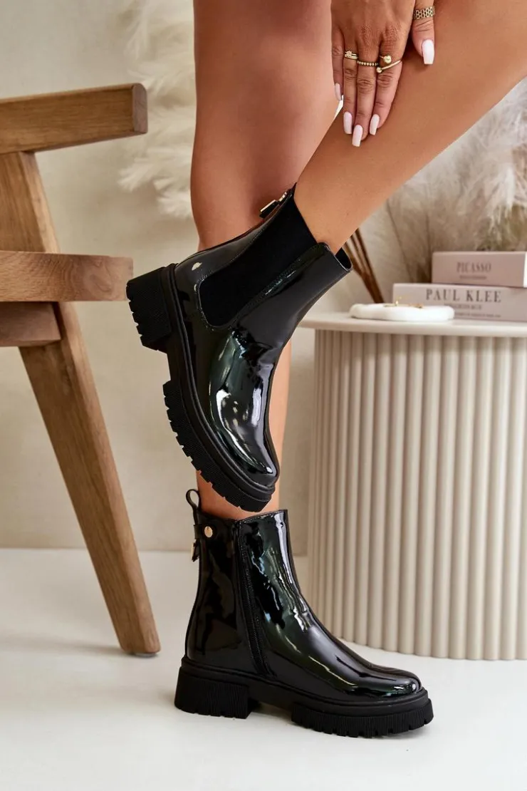 New Boto Lakierowane Botki Sztyblety Na Zamek Ocieplane Czarne Groesta