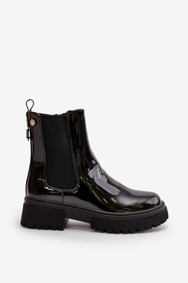 New Boto Lakierowane Botki Sztyblety Na Zamek Ocieplane Czarne Groesta