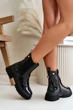New Boto Lakierowane Botki Sztyblety Na Zamek Ocieplane Czarne Groesta
