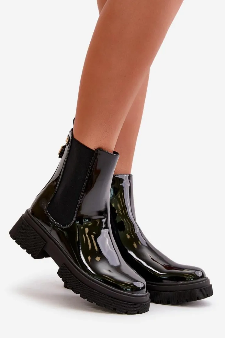 New Boto Lakierowane Botki Sztyblety Na Zamek Ocieplane Czarne Groesta