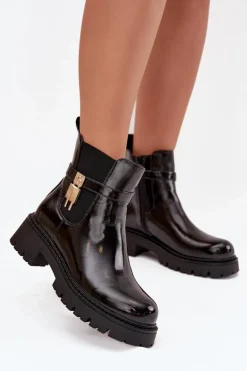 Boto Botki Ocieplane|Czarne Botki*Lakierowane Botki Sztyblety Ocieplane Ze Złotym Detalem Czarne Talyra