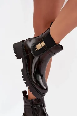 Boto Botki Ocieplane|Czarne Botki*Lakierowane Botki Sztyblety Ocieplane Ze Złotym Detalem Czarne Talyra