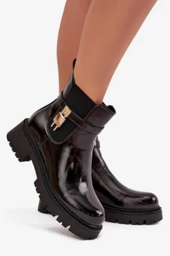 Boto Botki Ocieplane|Czarne Botki*Lakierowane Botki Sztyblety Ocieplane Ze Złotym Detalem Czarne Talyra
