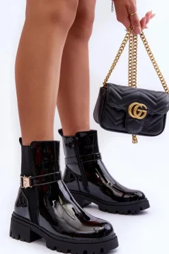 Boto Czarne Botki|Botki Płaskie*Lakierowane Botki Sztyblety Damskie Czarne Elspetia