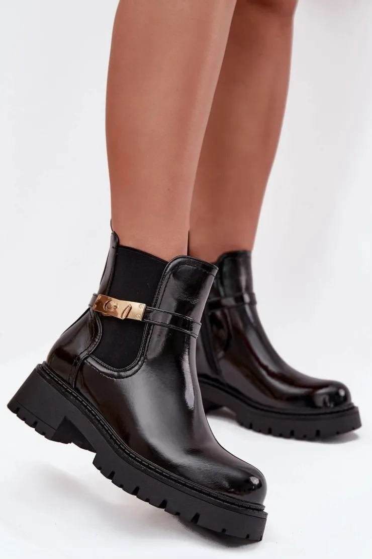 Sale Boto Lakierowane Botki Sztyblety Ocieplane Z Ozdobnym Paskiem Czarne Vivessa