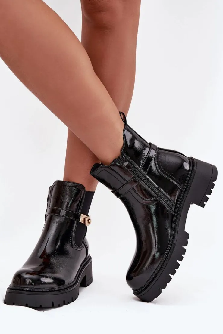 Sale Boto Lakierowane Botki Sztyblety Ocieplane Z Ozdobnym Paskiem Czarne Vivessa