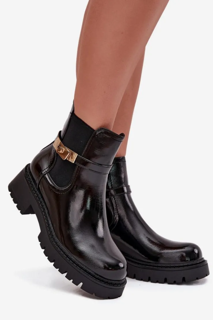 Sale Boto Lakierowane Botki Sztyblety Ocieplane Z Ozdobnym Paskiem Czarne Vivessa